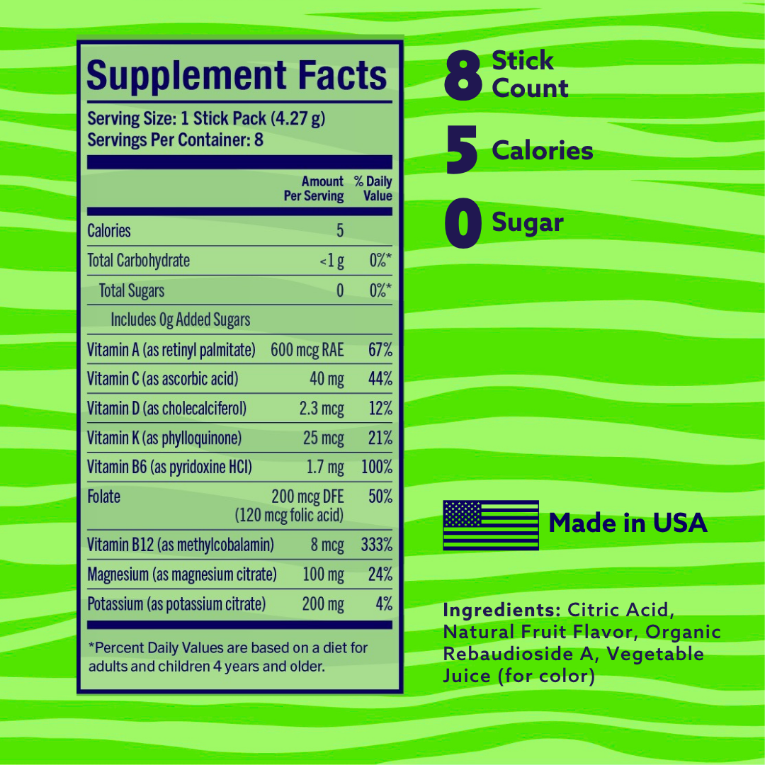 HydroWild nutrition facts panel — zero sugar, zero sodium, 7 vitamins and 2 electrolytes